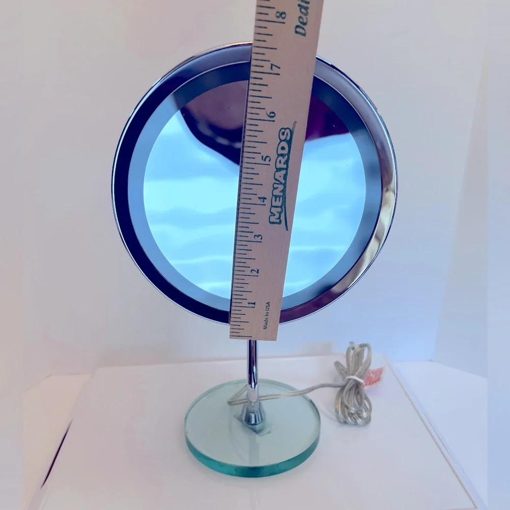 Silver Lighted Magnifying Stand Makeup Mirror on a Clear Lucite Base by HoMedics